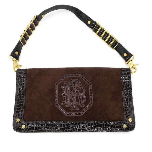 Tory Burch Academy Espresso Suede Croc Embossed Clutch Gold Chain Shoulder Bag - Picture 1 of 5